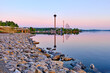 View of Näsinneula tower reflection on the lake Näsijärvi in the morning