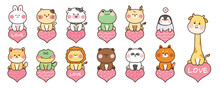 Set Of Cute Animals Sitting On Heart Shape Balloon.Cartoon Character Design.Love.Valentine's Day.Rabbit,cat,cow,frog,deer,penguin,dog,crocodile,bear,fox,lion,giraffe.Kawaii.Vector.Illustration.
