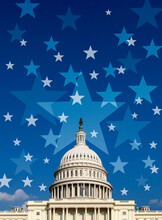 USA, Washington D.C., USA Capital Building With Flag Against Blue Sky With Star Pattern