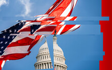 USA, Washington D.C., Broken USA Capital Building And American Flag Against Blue Sky