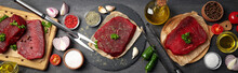 Concept Of Cooking With Raw Steak On Wooden Background