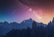 Italy, Veneto, Cortina D'Ampezzo, Dolomites, Milky Way And Falling Star Over Rocky Mountains