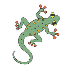 Cute Cartoon Lizard Crawling. A Funny Green Lizard. View From Above. Vector Clip Art Illustration In 2D. Hand-drawn Simple Style.