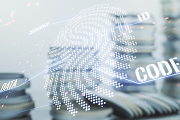 Aufkleber - Multi exposure of virtual graphic fingerprint sketch on coins background, fingerprint scan data concept