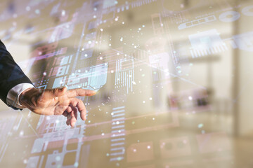 Aufkleber - Multi exposure of man hand presses on abstract software development hologram on blurred office background, research and analytics concept