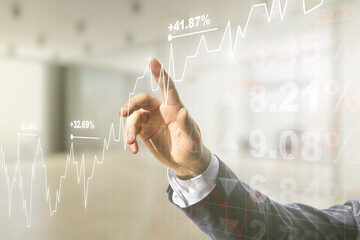 Poster - Multi exposure of analyst hand with pen working with virtual abstract financial diagram on blurred office background, banking and accounting concept