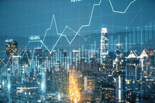 Abstract Virtual Financial Graph Hologram On San Francisco Skyline Background, Forex And Investment Concept. Multiexposure