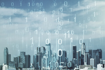 Leinwandbilder - Abstract virtual binary code illustration on Los Angeles skyline background. Big data and coding concept. Multiexposure