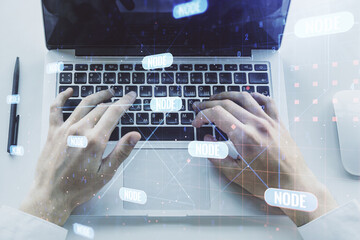 Fototapete - Double exposure of abstract creative programming illustration and hands typing on laptop on background, big data and blockchain concept