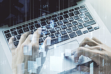 Poster - Double exposure of abstract creative statistics data hologram with hands typing on laptop on background, statistics and analytics concept