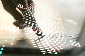 Poster - Double exposure of abstract creative fingerprint hologram with hands typing on laptop on background, research and development concept