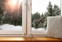 A Window With An Empty Sill And A Winter Landscape In The Background On A Beautiful Sunny Day 