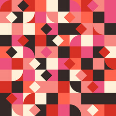 Poster - Rhombuses and semicircular shapes in red and pink colors. Vector mosaic pattern with rhombuses and quarters of a circle.