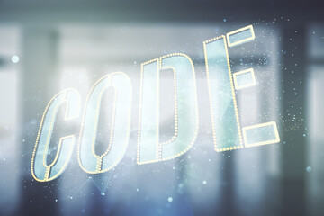 Poster - Code word hologram on modern interior background, international software development concept. Multiexposure