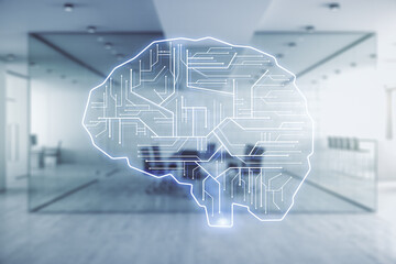 Poster - double exposure of creative human brain microcircuit hologram on a modern furnished office interior 