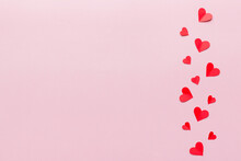 Valentine Day Background With Red Hearts, Top View With Copy Space