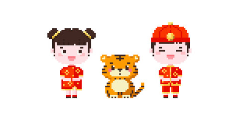 Wall Mural - Pixel art cute family characters in lunar celebration costumes with tiger icon. Vector 8 bit style illustration of pixel Chinese new year characters. Isolated cute element of retro video game graphic.