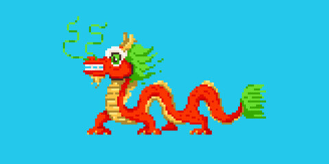 Wall Mural - Pixel art chinese dragon icon. Vector 8 bit style illustration of asian traditional dragon. Isolated red and gold holiday decorative element for retro video game computer graphic.