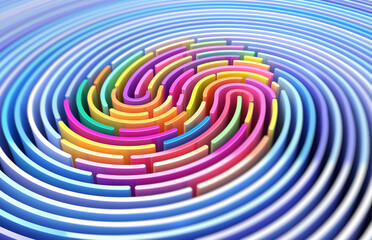 Poster - 3D render abstract background of stylized fingerprint of smooth lines of spline gradient multicolor waves with dof