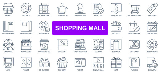 Fototapete - Shopping mall concept simple line icons set. Pack outline pictograms of basket, big sale, cloakroom, wish list, cart, price tag, showcase and other. Vector symbols for website and mobile app design