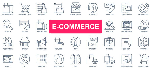 Poster - E-commerce concept simple line icons set. Pack outline pictograms of shopping, online, marketplace, support, price tag, auction, discount and other. Vector symbols for website and mobile app design