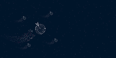 Poster - A goal symbol filled with dots flies through the stars leaving a trail behind. Four small symbols around. Empty space for text on the right. Vector illustration on dark blue background with stars