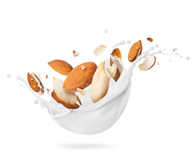 Wall Mural - Crushed almonds in a splash of milk close up on a white background
