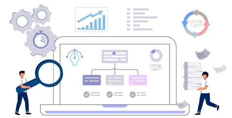 Wall Mural - Workflow automation Workforce organization and management Business growth ways abstract concept vector illustration Project leadership Waterfall and agile Development team Productivity software