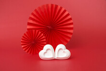 Two White Hearts On A Red Background. Enchanted Love. Showcase Abstract Background Closeup