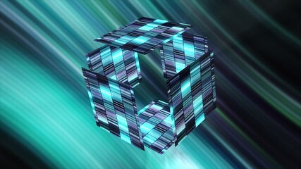 Aufkleber - Glowing striped cube in cyberspace. Motion. Shining colorful cube is divided into parts and assembled. Empty cyber cube in virtual space