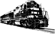 Train Locomotive On Tracks Vector Illustration In Black On White Background 