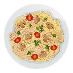 Tangled spaghetti. Asian noodles. Vector illustration of long pasta with cheese, mushrooms, tomatoes, spices, parsley in plate isolated on white background. Cartoon macaroni.