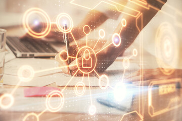 Poster - Double exposure of woman hands typing on computer and social network theme hologram drawing. People media concept.