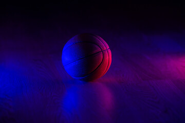 Wall Mural - Basketball ball isolated on dark background. Blue neon banner. Horizontal sport theme poster, greeting cards, headers, website and app