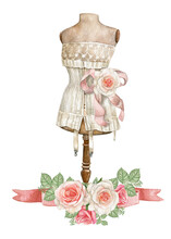 Watercolor Vintage Mannequin,Sewing Studio Logo,retro Fashion,Dressmaking Mannequin For Bridal Shower,Tailors Logo Creator, Dusty Pink Rose Flower Border