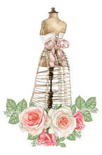 Watercolor Vintage Mannequin,Sewing Studio Logo,retro Fashion,Dressmaking Mannequin For Bridal Shower,Tailors Logo Creator, Dusty Pink Rose Flower Border