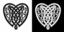 Weaving Style Design In Black And White Color For Valentine Day. Celtic Knot Pattern Intertwined Hearts. Isolated Vector Illustration