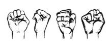 Set Of Female Fists From Different Angles. Hand-drawn Punch Black Gesture On White. Vector Illustration Of Female Hands Fighting For Rights, Isolated.