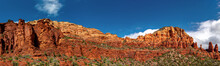 Panoramic Curving Red Rock Wall And Cactus On The Foothills, AZ, USA
