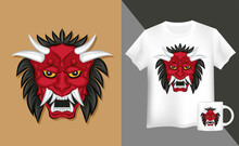 Mock Up T Shirt With Vector Illustration Of Hannya The Traditional Japanese Demon Oni Mask Red