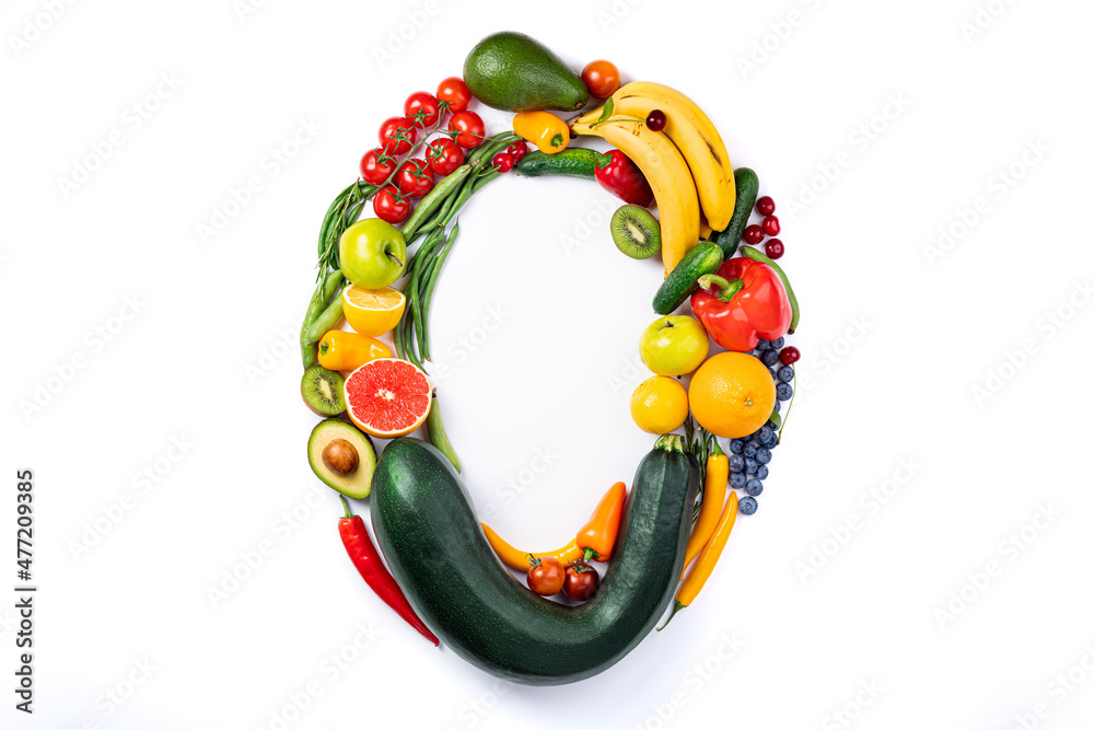 Number 0 made of healthy food. Healthy eating of vegetables and fruits ...