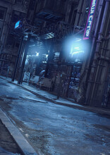 A 3d Digital Render Of A Cyberpunk City Street With Glowing Blue Lights And Neon Signs.