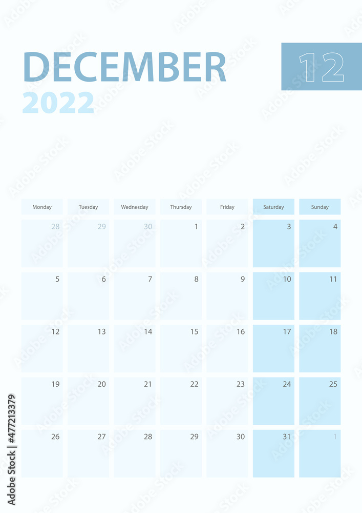 Vertical calendar page of December 2022, Week starts from Monday. Stock ...