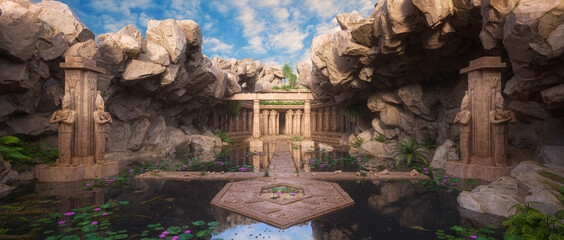 Poster - Wide panoramic 3D illustration of an ancient fantasy temple with lake and stone statues.