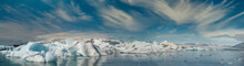 Panoramic View Of Jokulsarlon Lagoon In Southern Iceland. Summer Colors