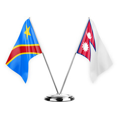 Two table flags isolated on white background 3d illustration, dr congo and nepal