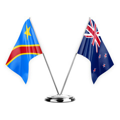 Two table flags isolated on white background 3d illustration, dr congo and new zealand