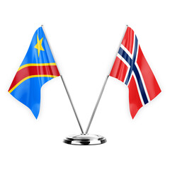 Two table flags isolated on white background 3d illustration, dr congo and norway