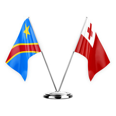 Two table flags isolated on white background 3d illustration, dr congo and tonga