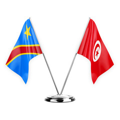 Two table flags isolated on white background 3d illustration, dr congo and tunisia